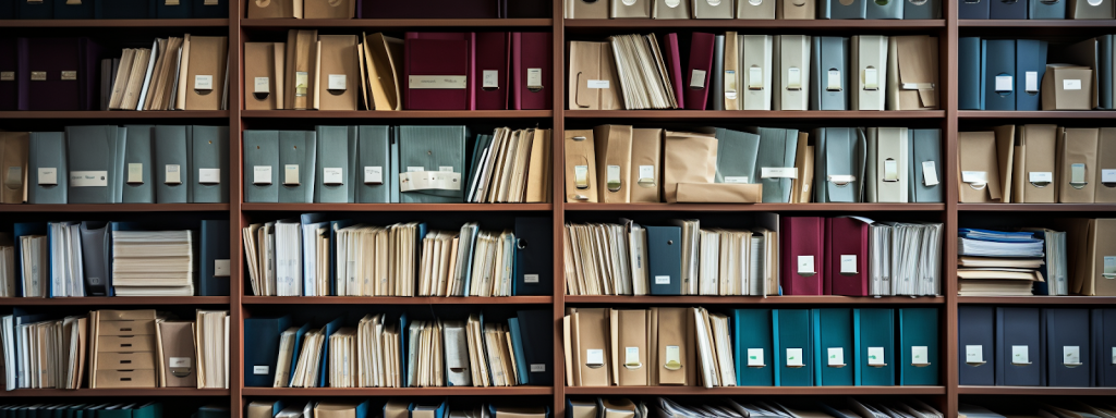 an organized shelf of file folders next to a large library - IA Midjourney generated image