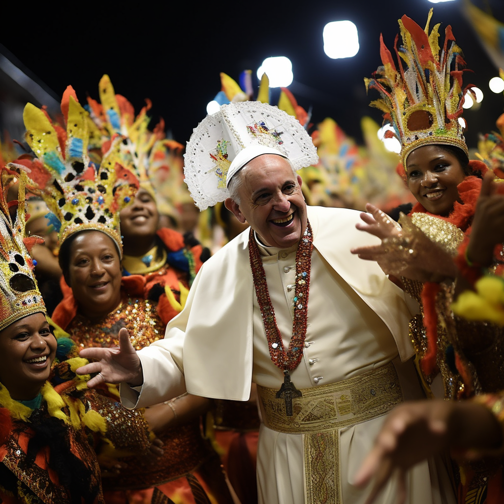 Pope Francisco parading in a samba school during the Rio carnival - Image created by IA Midjourney