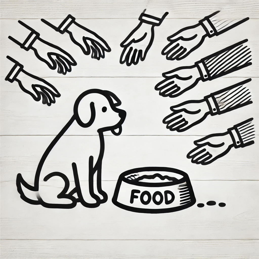 A dog sitting next to an empty or overflowing food bowl, with multiple hands reaching out, illustrating the concept that if everyone is responsible for a task, no one may actually do it properly.