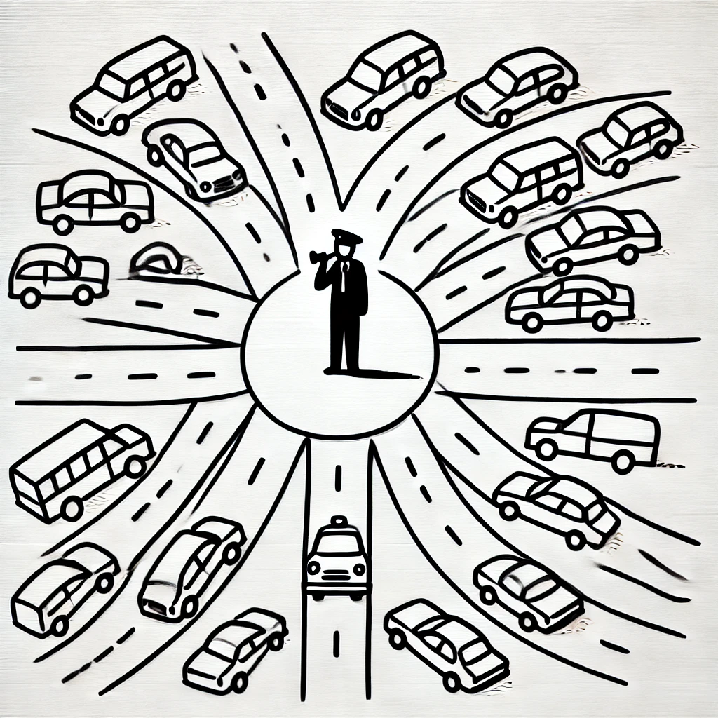 A chaotic roundabout scene with cars stuck in different directions, highlighting the need for someone with authority (a traffic warden) to organize the situation, symbolizing the role of a business analyst.