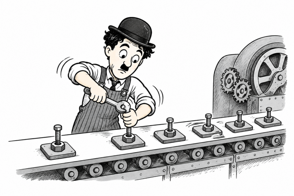 Charles Chaplin tightening bolts in the classic scene from the movie Modern Times
