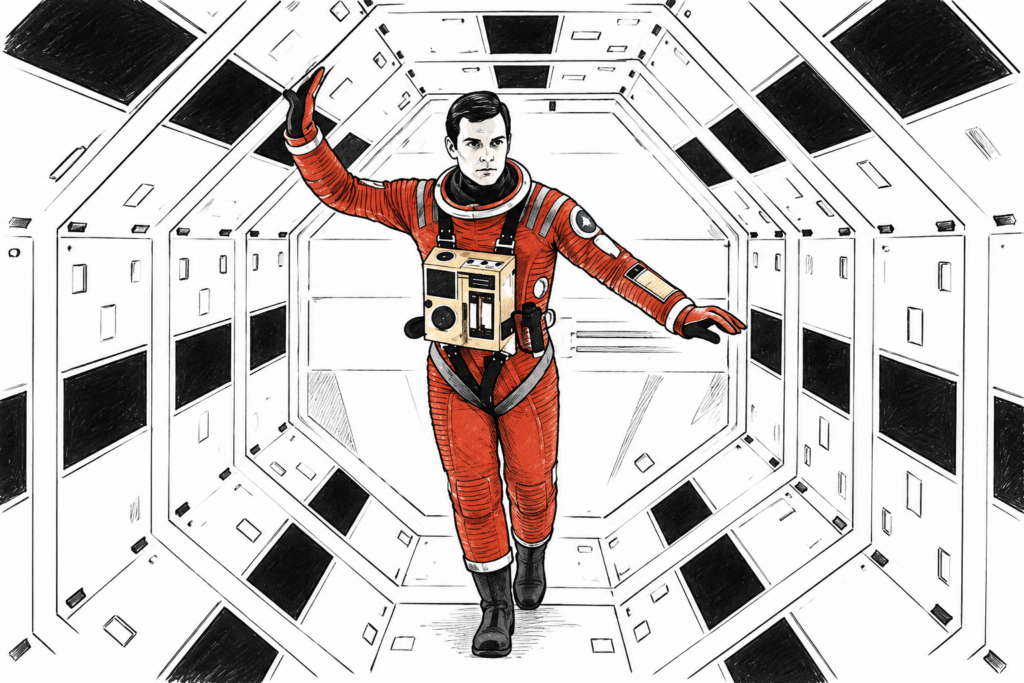 A scene of the movie 2001: A Space Odyssey, adapted by ChatGPT to discuss AI decision-making